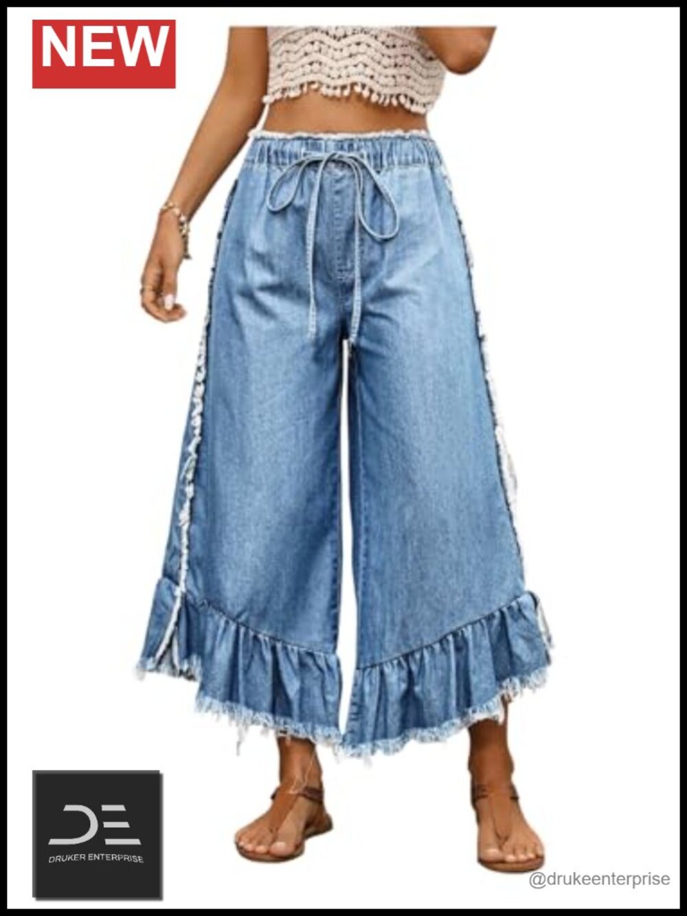 Plus Size High Rise Wide Leg Cropped Jeans with Ruffle Frayed Hem Drawstring
